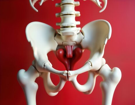 Closeup anatomy model of human pelvis. Pelvic bones, muscles visible. Red colored organs displayed. Model shows pelvic structure for educational purposes. Medical illustration used for health care,
