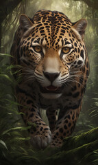 Obraz premium The jaguar, surrounded by tropical greenery, moves with grace and power.