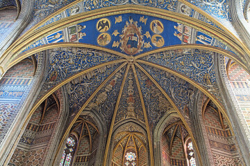 Vibrant blue gothic ceiling of Sainte-Secile cathedral in Albi, France