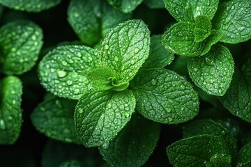 Fresh mint leaves glistening with water droplets in a lush green garden after rain