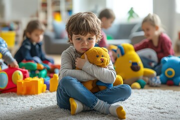 Emotional tantrum in playroom as child refuses to join group play, feeling isolated and angry.