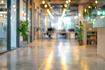 Modern office hallway with bright lighting and plants.