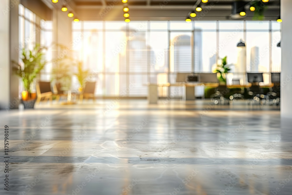 Poster modern office space with city view. sunlight streams through large windows, illuminating a polished 