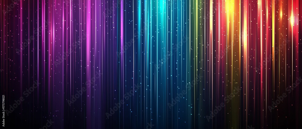 Poster vibrant vertical lines with a rainbow gradient against a dark background. background lighting enhanc