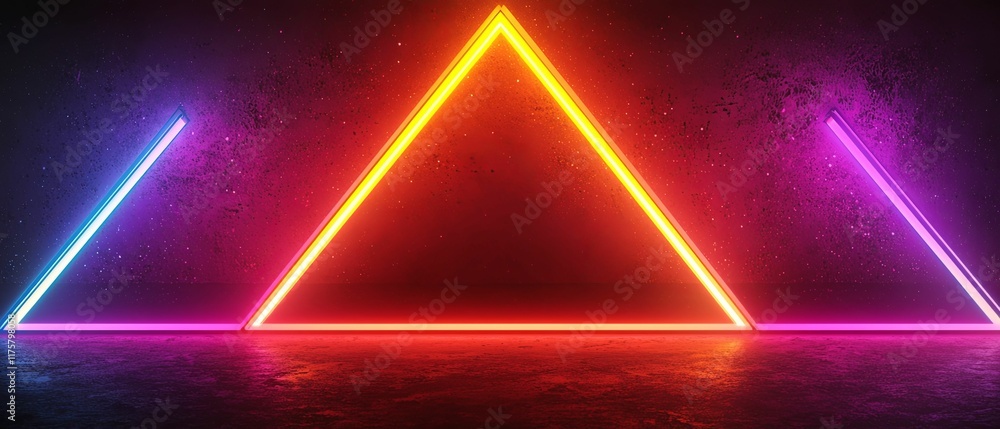 Poster vivid neon triangles illuminated against a dark background with glowing effects. background lighting