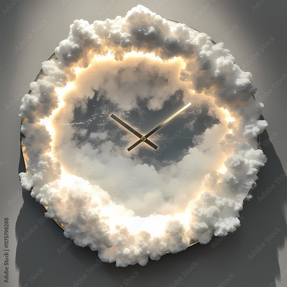 Poster unique clock design featuring clouds and light creating a whimsical atmosphere in home decor. genera