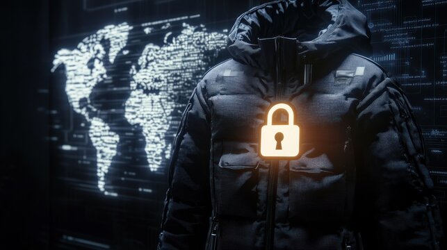 Global cybersecurity concept; hooded jacket with glowing padlock, world map backdrop.