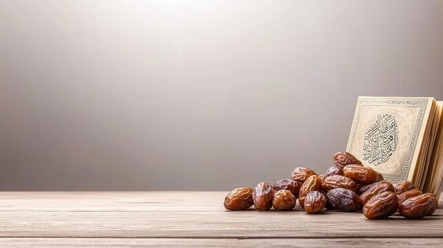 A serene display of dates next to an ornate book on a wooden surface.