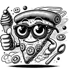 cool and styling pizza cartoon vector black and white, illustration, vector, image