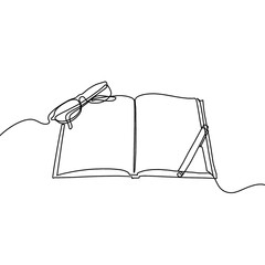 Continuous line art drawing of book and pen or pencil. Opened book single line art drawing illustration. Note book and pen drawing.