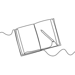 Continuous line art drawing of book and pen or pencil. Opened book single line art drawing illustration. Note book and pen drawing.