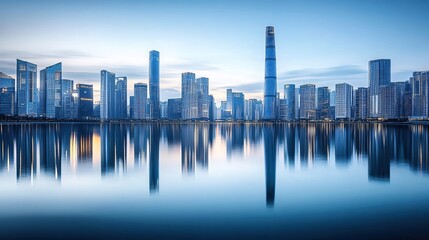 City skyline reflected in calm water at dawn. (3)