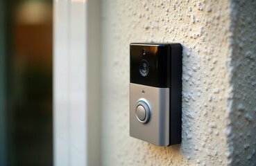 Modern smart doorbell on house wall. Tech security system for home entrance. Modern tech device installed on building wall. Smart home tech equipment. Person pressing button for call visitor alert.