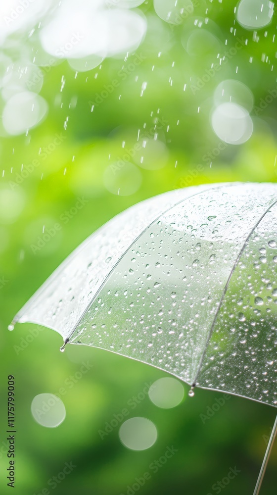 Poster raindrops cascading on a transparent umbrella create a serene and refreshing atmosphere, set against