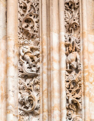 Intricate stone carvings featuring an astronaut at the historic cathedral in Salamanca, Spain