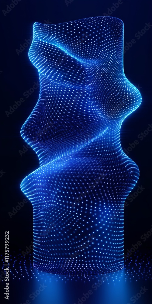 Poster a blue, glowing, spiral shaped object with a lot of dots. the object is very tall and has a very uni