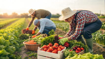Farmers Collecting a Bountiful Harvest of Organic Vegetables in a Scenic Field