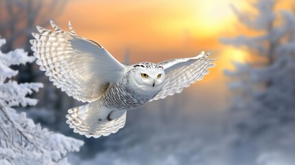 Fototapeta premium A snowy owl gliding through a winter landscape at sunset.