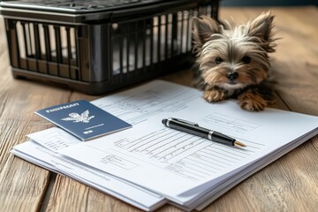 Documents for pet international travel arranged on a table, showing passport, vaccination papers, and checklist beside a pet crate.