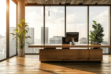 Modern office with city view and wooden desk
