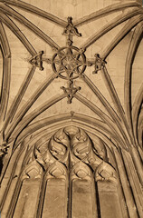 Vaulted ceiling of Sainte-Secile Cathedral in Albi, France, symmetric gothic architecture details