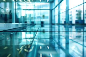 Modern office space with glass floor and large windows reflecting city skyline.