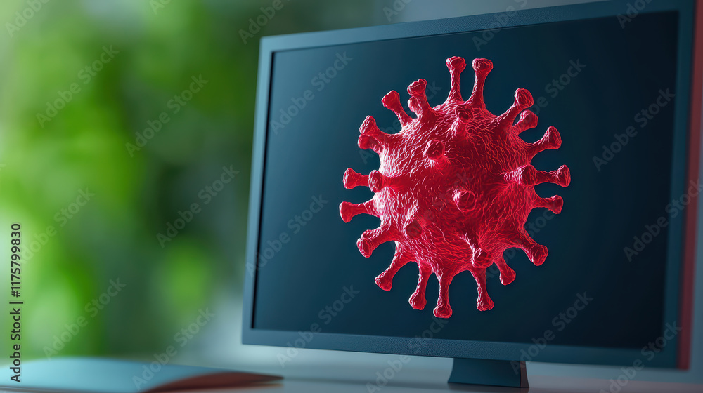Aufkleber close up of computer screen displaying red virus model, symbolizing health