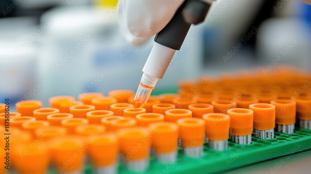 Poster close-up of a laboratory technician using a pipette to transfer liquid into sample tubes in a resear
