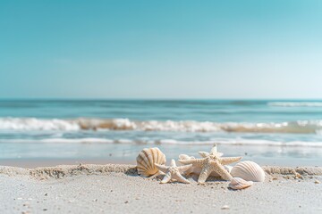 Seashells and starfish on a sandy beach