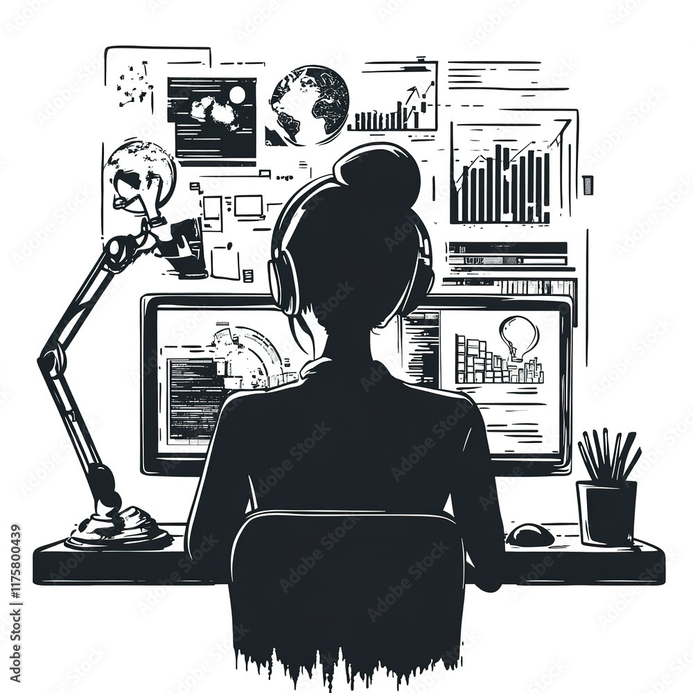 Poster woman working at computer with data visualizations