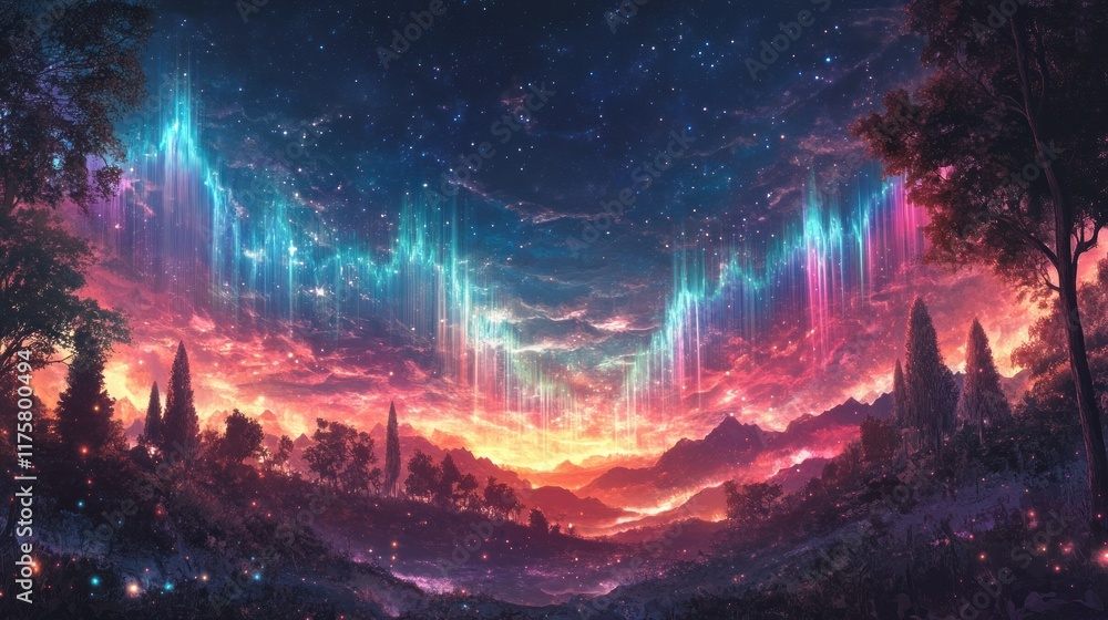 Poster a captivating celestial landscape with colorful auroras and sparkling stars illuminating a serene mo