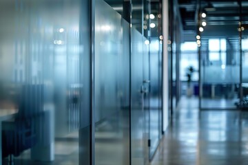 Modern office interior with frosted glass partitions.