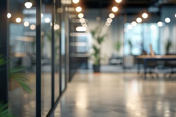 Modern office interior with glass walls and warm lighting.