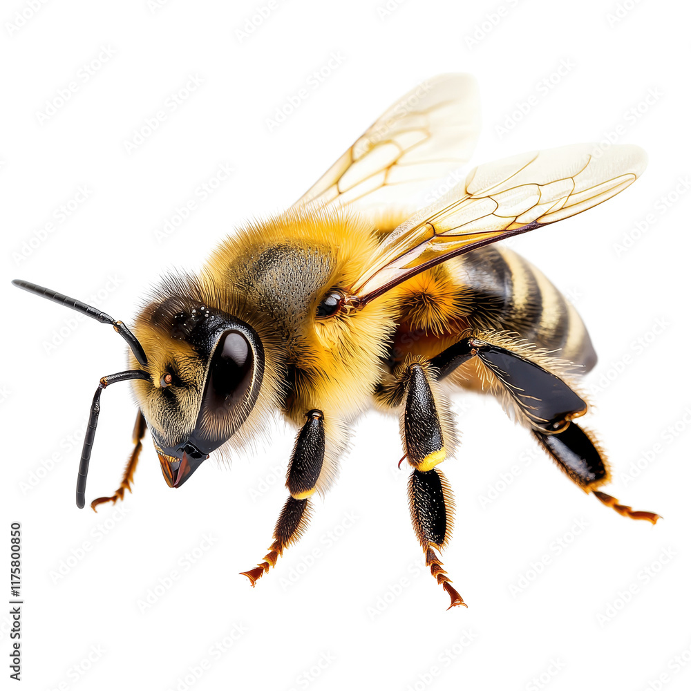 Poster macro shot of a bee in detail against a transparent background, showcasing its wings and body struct