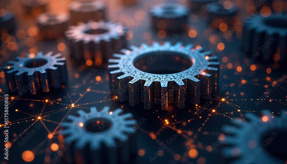 Poster abstract digital image of metallic gear wheels. modern tech design. interconnected gear systems in d