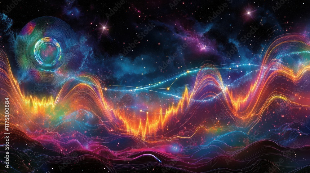 Poster abstract cosmic waves of colorful light in space with stars and planets representing energy flow and