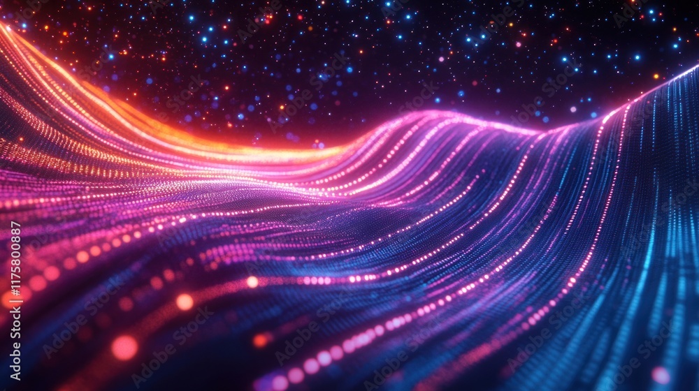 Poster vibrant abstract digital wave pattern with glowing particles and stars in a cosmic space scene for a