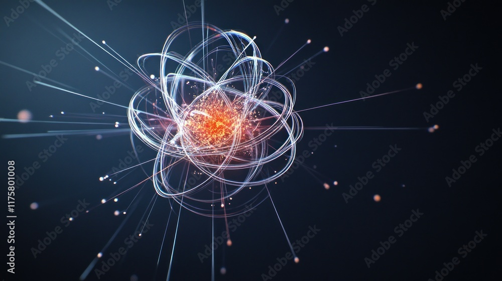Poster abstract representation of an atom with energetic particles.