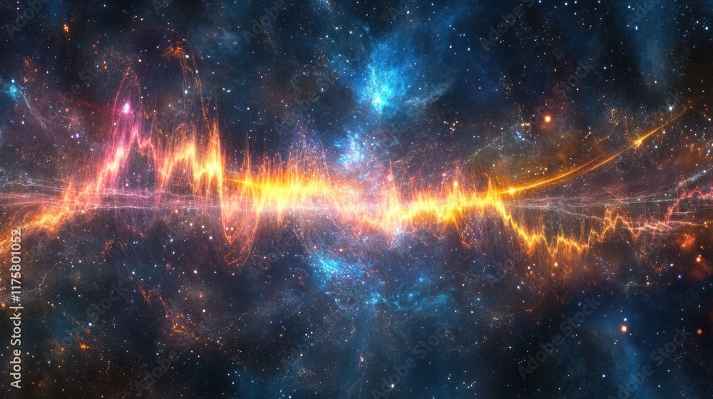 Poster abstract cosmic background featuring colorful waveforms of light in a vast space environment with st