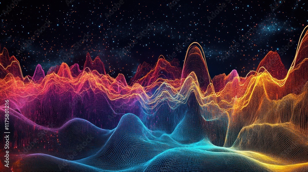 Poster vibrant abstract waves of colorful light displaying textures and depth amidst a starry night sky wit