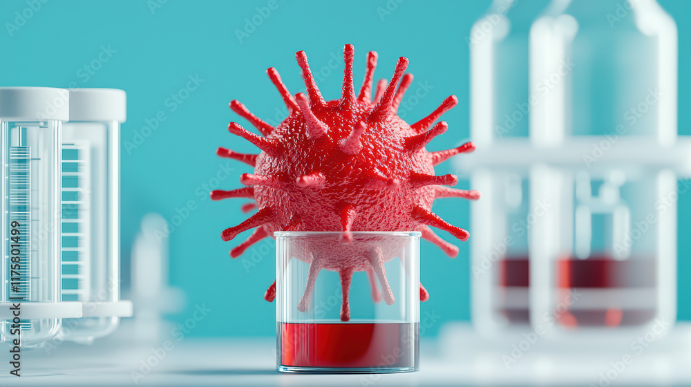 Poster close up view of spiky red virus cell in laboratory setting