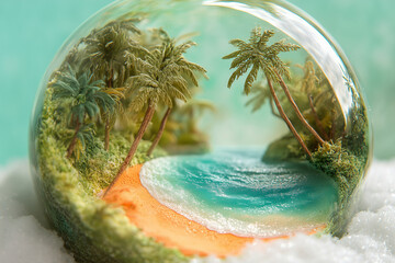 A Crystal Ball Reflecting a Scenic Beach Landscape Amidst Snow