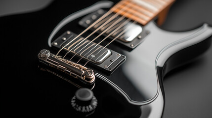 Fototapeta premium Close-up of black electric guitar showcasing strings and pickups