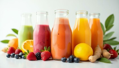 Colorful Fruit Juices and Fresh Berries in Glass Bottles,