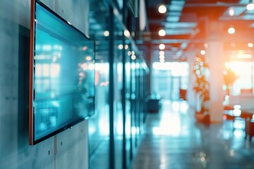 Fototapeta premium Modern office hallway with digital display screen.