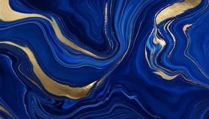 a current interpretation of marbled wallpaper this summary background features deep blue colors contrasted with gleaming golden foil evoking the advent of synthetic stone or fake agate
