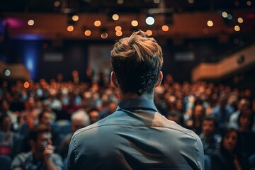 Speaker addressing a large audience in a hall.