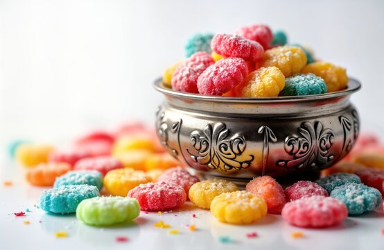 Colorful traditional Turkish Ramadan sweets Akide Sekeri in decorative bowl. Festive sweets piled in bowl, scattered around. Sweet sugary candies in various colors like orange yellow pink blue, green