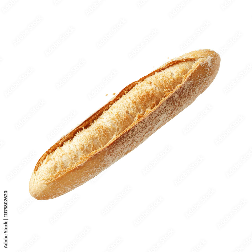 Poster floating fresh baguette with crumbs isolated against a transparent background capturing the essence 