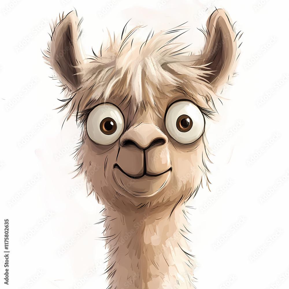 Poster quirky cartoon llama with large eyes and fluffy fur smiles playfully at the viewer in a colorful sty
